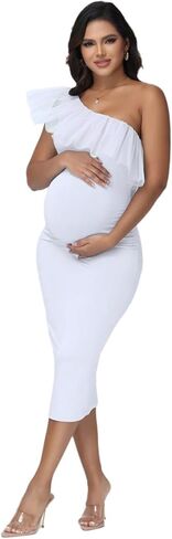 JustVH Women's Maternity One Shoulder Mesh Collar Baby Shower Midi Dress for Photoshoot Party Bodycon Dress in Saudi Arabia