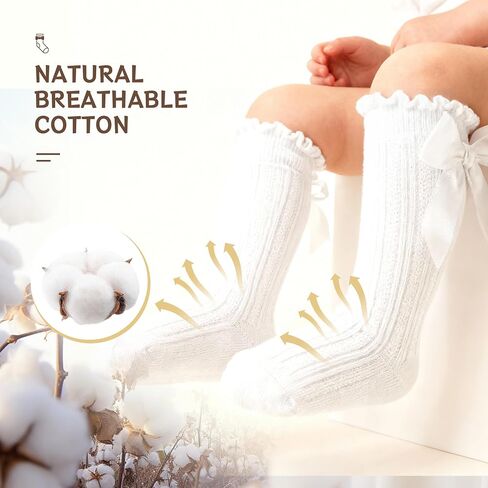 Baby Knee High Socks Non Slip Baby Girl Socks Cotton Bow Infant Stockings Ruffle Toddler Long Sock 0-12M/1-2Y in Saudi Arabia