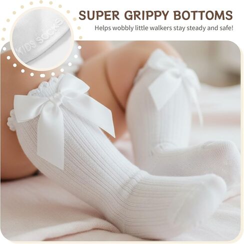 Baby Knee High Socks Non Slip Baby Girl Socks Cotton Bow Infant Stockings Ruffle Toddler Long Sock 0-12M/1-2Y in Saudi Arabia