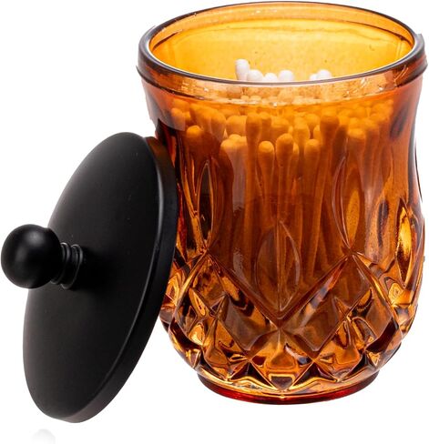 15Oz Square Glass Jars Thick Qtip Holder Apothecary Jars with Matte Black Lid for Bathroom Decor Storage Organizer for Cotton Swabs, Balls, Pads, Floss Picks, Candy, Jewelry,Amber in Saudi Arabia