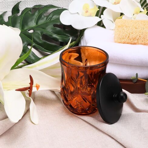 15Oz Square Glass Jars Thick Qtip Holder Apothecary Jars with Matte Black Lid for Bathroom Decor Storage Organizer for Cotton Swabs, Balls, Pads, Floss Picks, Candy, Jewelry,Amber in Saudi Arabia
