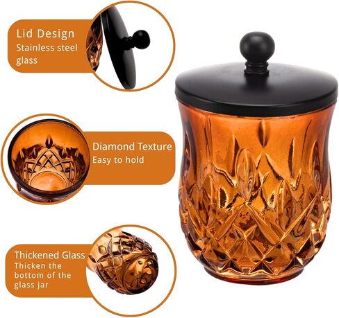 15Oz Square Glass Jars Thick Qtip Holder Apothecary Jars with Matte Black Lid for Bathroom Decor Storage Organizer for Cotton Swabs, Balls, Pads, Floss Picks, Candy, Jewelry,Amber in Saudi Arabia