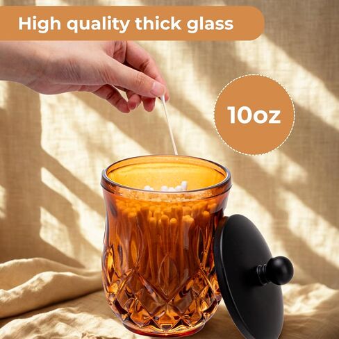 15Oz Square Glass Jars Thick Qtip Holder Apothecary Jars with Matte Black Lid for Bathroom Decor Storage Organizer for Cotton Swabs, Balls, Pads, Floss Picks, Candy, Jewelry,Amber in Saudi Arabia