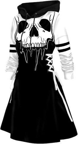 DRESSFO Women’s Gothic Skull Print Hoodie Dress – Long Sleeve Lace Up Colorblock A-Line Mini Dress with Hood (Deep Red/Medium) in Saudi Arabia