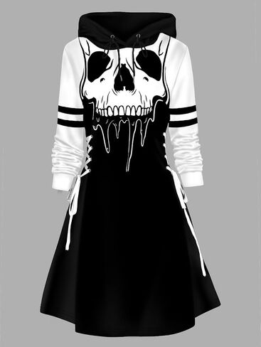 DRESSFO Women’s Gothic Skull Print Hoodie Dress – Long Sleeve Lace Up Colorblock A-Line Mini Dress with Hood (Deep Red/Medium) in Saudi Arabia