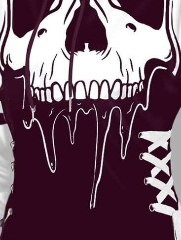 DRESSFO Women’s Gothic Skull Print Hoodie Dress – Long Sleeve Lace Up Colorblock A-Line Mini Dress with Hood (Deep Red/Medium) in Saudi Arabia