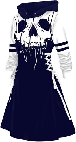 DRESSFO Women’s Gothic Skull Print Hoodie Dress – Long Sleeve Lace Up Colorblock A-Line Mini Dress with Hood (Deep Red/Medium) in Saudi Arabia