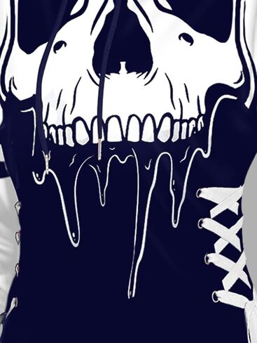 DRESSFO Women’s Gothic Skull Print Hoodie Dress – Long Sleeve Lace Up Colorblock A-Line Mini Dress with Hood (Deep Red/Medium) in Saudi Arabia