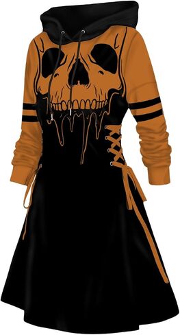DRESSFO Women’s Gothic Skull Print Hoodie Dress – Long Sleeve Lace Up Colorblock A-Line Mini Dress with Hood (Deep Red/Medium) in Saudi Arabia