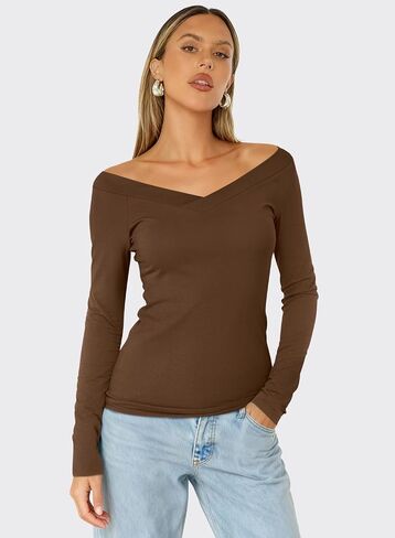 MIHOLL Womens Long Sleeve Shirts Sexy Off The Shoulder Going Out Tops Slim Fit Crop V Neck Blouses Fall Fashion 2025 in Saudi Arabia