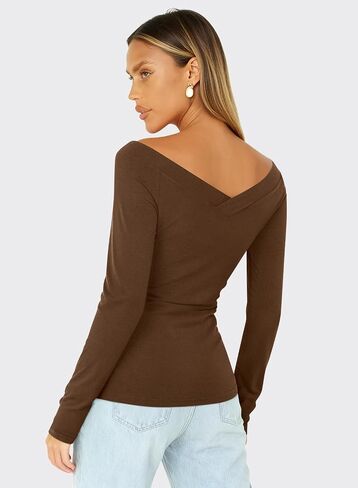 MIHOLL Womens Long Sleeve Shirts Sexy Off The Shoulder Going Out Tops Slim Fit Crop V Neck Blouses Fall Fashion 2025 in Saudi Arabia