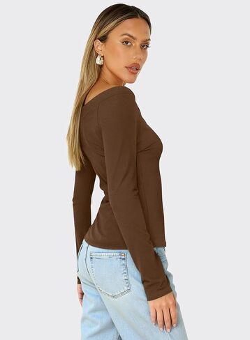 MIHOLL Womens Long Sleeve Shirts Sexy Off The Shoulder Going Out Tops Slim Fit Crop V Neck Blouses Fall Fashion 2025 in Saudi Arabia