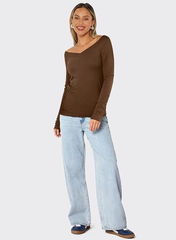 MIHOLL Womens Long Sleeve Shirts Sexy Off The Shoulder Going Out Tops Slim Fit Crop V Neck Blouses Fall Fashion 2025 in Saudi Arabia
