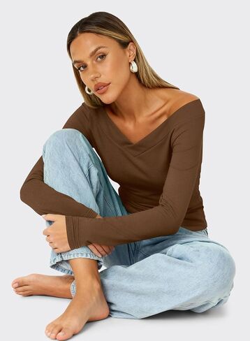 MIHOLL Womens Long Sleeve Shirts Sexy Off The Shoulder Going Out Tops Slim Fit Crop V Neck Blouses Fall Fashion 2025 in Saudi Arabia