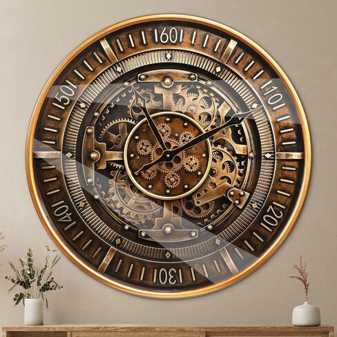 October Elf 24 Inch Wall Clock with Moving Gears Large Industrial Steampunk Metal Clock Antique Gold Oversized Farmhouse Decor Wall Clock for Living Room Home Office(Brown with Roman Numerals) in Saudi Arabia