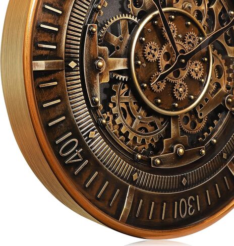 October Elf 24 Inch Wall Clock with Moving Gears Large Industrial Steampunk Metal Clock Antique Gold Oversized Farmhouse Decor Wall Clock for Living Room Home Office(Brown with Roman Numerals) in Saudi Arabia