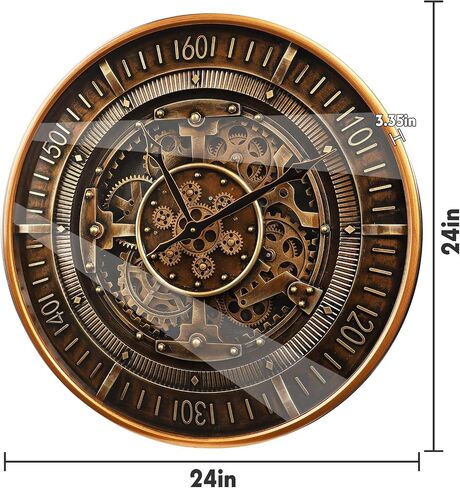 October Elf 24 Inch Wall Clock with Moving Gears Large Industrial Steampunk Metal Clock Antique Gold Oversized Farmhouse Decor Wall Clock for Living Room Home Office(Brown with Roman Numerals) in Saudi Arabia