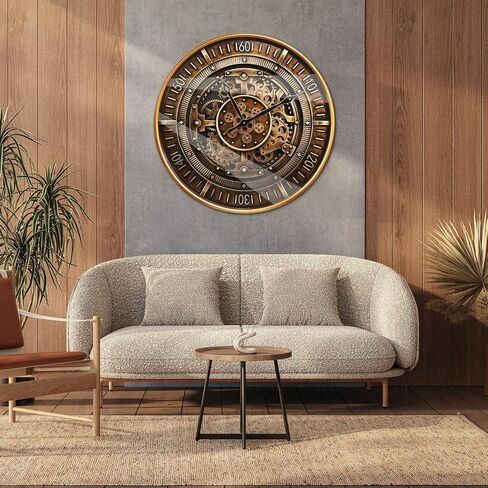 October Elf 24 Inch Wall Clock with Moving Gears Large Industrial Steampunk Metal Clock Antique Gold Oversized Farmhouse Decor Wall Clock for Living Room Home Office(Brown with Roman Numerals) in Saudi Arabia