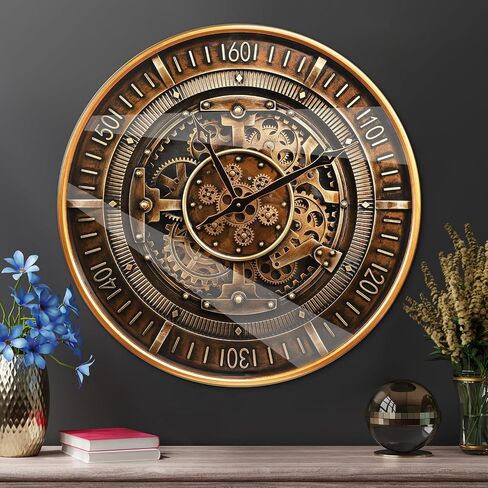 October Elf 24 Inch Wall Clock with Moving Gears Large Industrial Steampunk Metal Clock Antique Gold Oversized Farmhouse Decor Wall Clock for Living Room Home Office(Brown with Roman Numerals) in Saudi Arabia