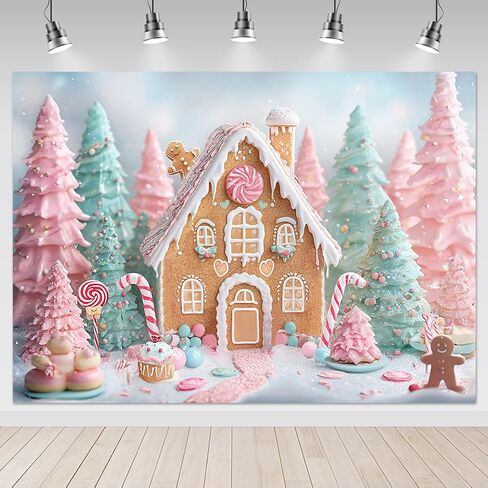 Mocsicka Pink Gingerbread Christmas Backdrop Photography Sweet Candy House Gingerbread Man Christmas Photography Decorations Christmas Photo Background Props (7x5ft) in Saudi Arabia