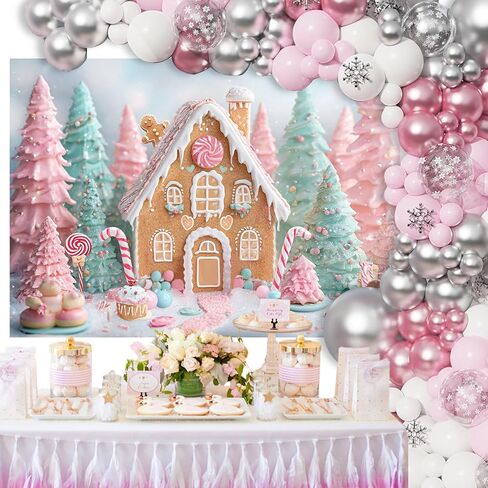 Mocsicka Pink Gingerbread Christmas Backdrop Photography Sweet Candy House Gingerbread Man Christmas Photography Decorations Christmas Photo Background Props (7x5ft) in Saudi Arabia