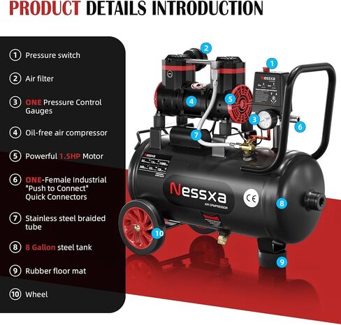 10 جالون ضاغط الهواء المحمول ، 2HP 8.76 CFM@115PSI 70DB ضاغط الهواء الهادئ الخالي من الزيت لإصلاح السيارة ، الرسم ، نهر الخشب ، 110 فولت/60 هرتز in Kuwait