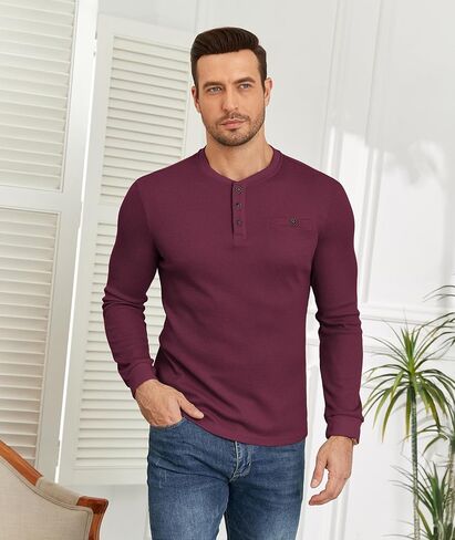 PRIVIMIX Mens Waffle Henley Long Sleeve Cotton Casual T-Shirt Fashion Three Button Pullover with Pocket in Saudi Arabia