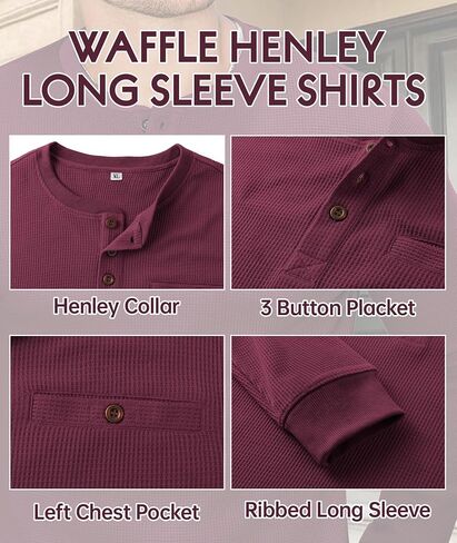 PRIVIMIX Mens Waffle Henley Long Sleeve Cotton Casual T-Shirt Fashion Three Button Pullover with Pocket in Saudi Arabia