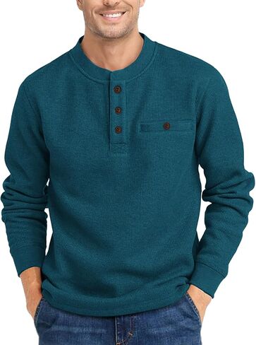 PRIVIMIX Mens Waffle Henley Long Sleeve Cotton Casual T-Shirt Fashion Three Button Pullover with Pocket in Kuwait