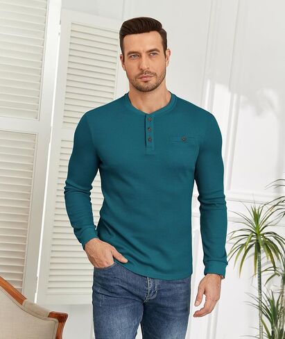 PRIVIMIX Mens Waffle Henley Long Sleeve Cotton Casual T-Shirt Fashion Three Button Pullover with Pocket in Kuwait