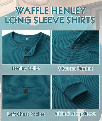 PRIVIMIX Mens Waffle Henley Long Sleeve Cotton Casual T-Shirt Fashion Three Button Pullover with Pocket in Kuwait