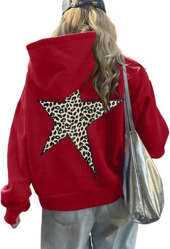 Hoodies for Womens Y2k Oversized Star Print Sweatshirts Aesthetic Cheetah Graphic Hooded Hoodie in Saudi Arabia