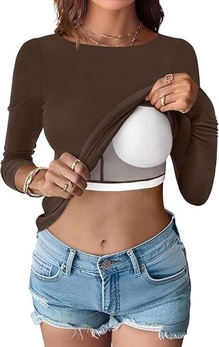 ANRABESS Womens Thermal Shirts Built-in Bra Long Sleeve Tops Boat Neck Fleece Slim Fitted Basic Tee 2025 Fall Winter Outfits Dark Brown Medium in Saudi Arabia