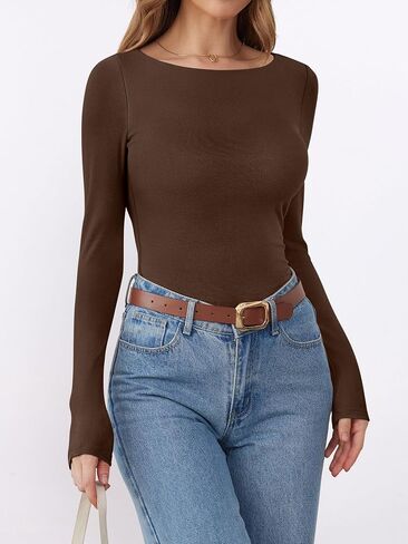 ANRABESS Womens Thermal Shirts Built-in Bra Long Sleeve Tops Boat Neck Fleece Slim Fitted Basic Tee 2025 Fall Winter Outfits Dark Brown Medium in Saudi Arabia
