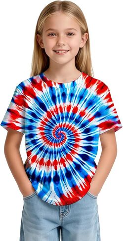 Kids Tie Dye T-Shirts Hippie Short Sleeve Shirt Tees for 6-18 Years Boys Girls in Kuwait
