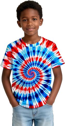Kids Tie Dye T-Shirts Hippie Short Sleeve Shirt Tees for 6-18 Years Boys Girls in Kuwait