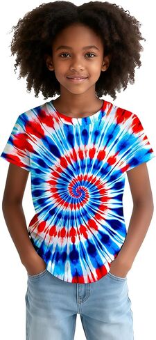 Kids Tie Dye T-Shirts Hippie Short Sleeve Shirt Tees for 6-18 Years Boys Girls in Kuwait