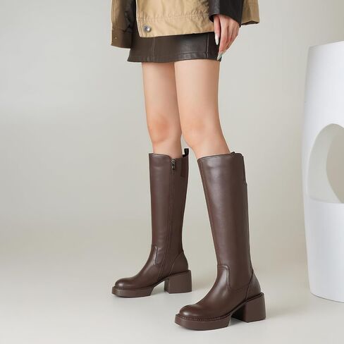 Women's Knee High Boots Chunky Block Heel Boots Stretch Calf Round Toe Side Zipper Platform Tall Boots Fall Comfort Long Boots in Saudi Arabia