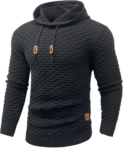 Men's Waffle-Knit Hooded Pullover Sweater Solid Color Hoodie with Adjustable Drawstrings & Leather Tag in Kuwait