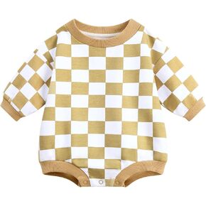 Bafeicao Baby Boy Girl Checkerboard Sweatshirt Romper Organic Cotton Checkered Bubble Romper Long Long in Kuwait