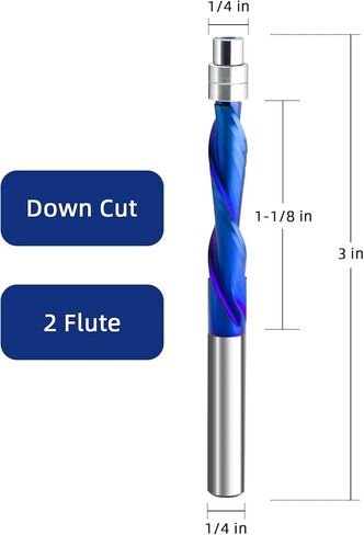 أسفل قطع حلزوني قطع التوجيه بتات 1/4 "شانك 1/4" قطع ضياء. 3 "طاحونة نهاية OAL مع كربيد صلب مغلف باللون الأزرق النانو لدقة عمل CNC الخشبية in Kuwait
