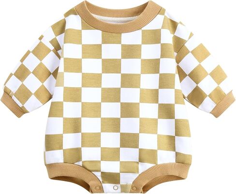 Bafeicao Baby Boy Girl Checkerboard Sweatshirt Romper Organic Cotton Checkered Bubble Romper Long Long in Kuwait