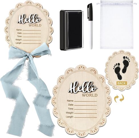 علامة إعلان الطفل 7 بوصة مزدوجة الجوانب الخشبية Hello World Newborn Signed مع Mornza Bag Marker Pen Pen Pad Bow Bow for Baby Shower Hand Photo Photo (Pink Bow) in Saudi Arabia