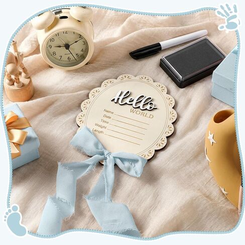 علامة إعلان الطفل 7 بوصة مزدوجة الجوانب الخشبية Hello World Newborn Signed مع Mornza Bag Marker Pen Pen Pad Bow Bow for Baby Shower Hand Photo Photo (Pink Bow) in Saudi Arabia