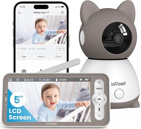 IEGEEK Baby Monitor مع شاشة 5 بوصة عالية الدقة ، 2K الكاميرا والرؤية الليلية-الوضع المزدوج WiFi/NO-WIFI ، PTZ ، الكشف عن Cry/Motion ، صوت ثنائي الاتجاه ، مستشعر مؤقت/رطوبة ، تتبع تلقائي ، تطبيق آمن و Contro عن بُعد in Kuwait