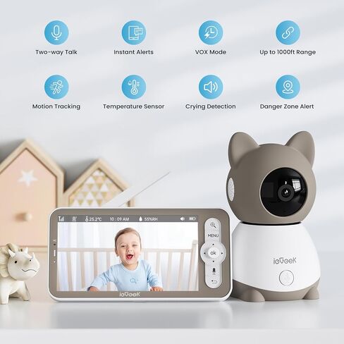 IEGEEK Baby Monitor مع شاشة 5 بوصة عالية الدقة ، 2K الكاميرا والرؤية الليلية-الوضع المزدوج WiFi/NO-WIFI ، PTZ ، الكشف عن Cry/Motion ، صوت ثنائي الاتجاه ، مستشعر مؤقت/رطوبة ، تتبع تلقائي ، تطبيق آمن و Contro عن بُعد in Kuwait