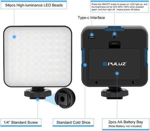 Puluz 100 LED Video Light ، 5W 3-Color Terfere Dimmable (2900K-6500K) ملء ضوء الكاميرا مع بطارية حذاء بارد USB-C/AA مدعوم من DSLR Camcorder Vlogging Macro الفوتوغرافي in Saudi Arabia