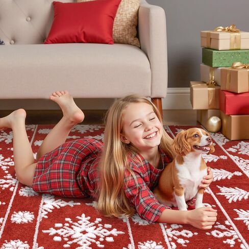 سجادة Findosom Christmas Runner مقاس 2x8، سجادة طويلة ناعمة قابلة للغسل وغير قابلة للانزلاق مع ندفة ثلج حمراء، سجادة رمي منخفضة الوبر من الصوف الصناعي للممر، وغرفة المعيشة، والمطبخ، والمدخل، وغرفة النوم، وديكور العطلات in Kuwait