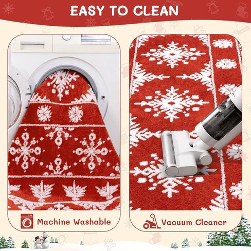 سجادة Findosom Christmas Runner مقاس 2x8، سجادة طويلة ناعمة قابلة للغسل وغير قابلة للانزلاق مع ندفة ثلج حمراء، سجادة رمي منخفضة الوبر من الصوف الصناعي للممر، وغرفة المعيشة، والمطبخ، والمدخل، وغرفة النوم، وديكور العطلات in Kuwait