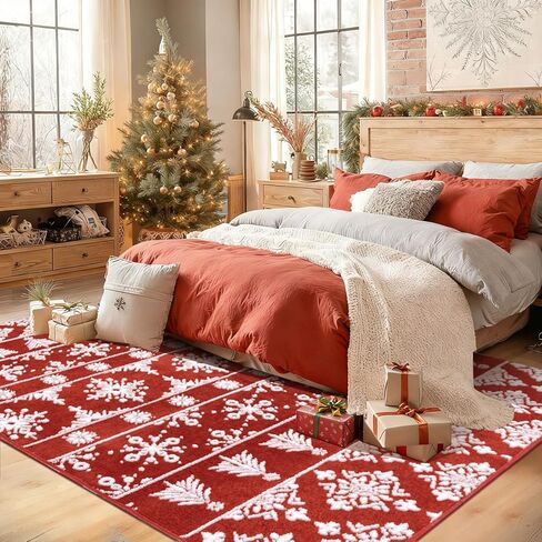 سجادة Findosom Christmas Runner مقاس 2x8، سجادة طويلة ناعمة قابلة للغسل وغير قابلة للانزلاق مع ندفة ثلج حمراء، سجادة رمي منخفضة الوبر من الصوف الصناعي للممر، وغرفة المعيشة، والمطبخ، والمدخل، وغرفة النوم، وديكور العطلات in Kuwait